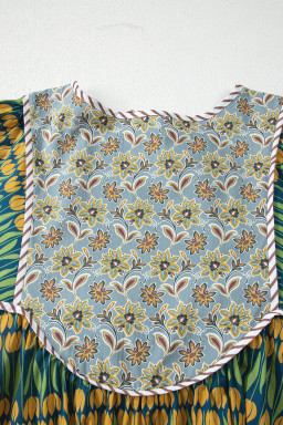 Green Plus Size Mixed Floral Print Striped Trim Loose Mini Dress