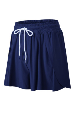 Navy Blue Drawstring Elastic Waist Lined Ruffle Shorts Bikini Bottom