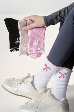 White Bow Print Non-Slip Ruffle Grip Socks
