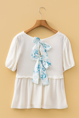 White Textured Knit V Neck Short Bubble Sleeve Peplum Top