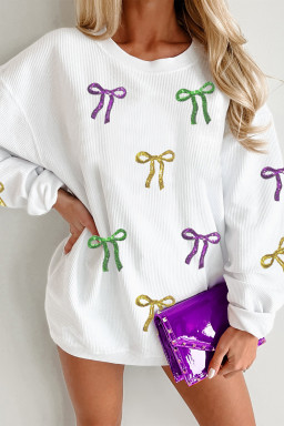 White 3D Ribbed Sequin Mardi Gras Bow Baggy Sweatshirt
