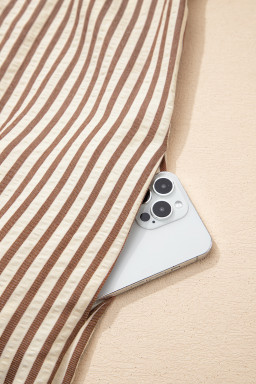 Khaki Stripe Square Button Leopard Trim Loose Bracelet Sleeve Shirt Dress