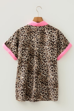Leopard Print Contrasted Trim Animal Short Sleeve Shirt