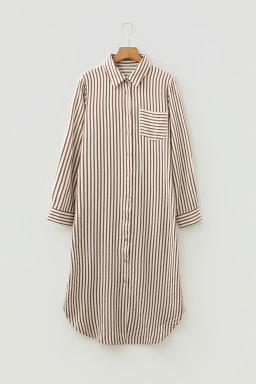 Brown Stripe Textured 3/4 Sleeve Round Hem Split Midi Shirt Dress