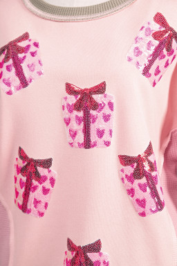 Light Pink Sequin Valentines Heart Gift Box Waffle Color Block Patchwork Sweatshirt