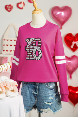 Rose Red Oversized Varsity Drop Shoulder Sequined XOXO Valentine Sweatshirt