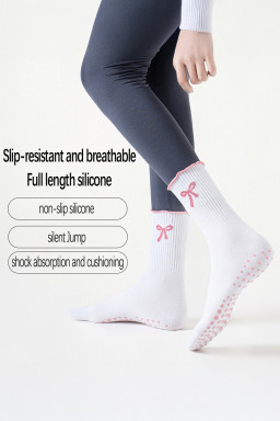 White Bow Print Non-Slip Ruffle Grip Socks