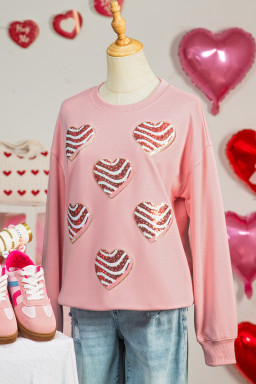 Pink Sequined Valentine Heart Print Round Neck Sweatshirt