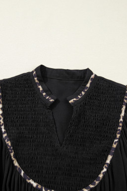 Black Contrast Leopard Trim Split Neck Long Sleeve Casual Midi Dress