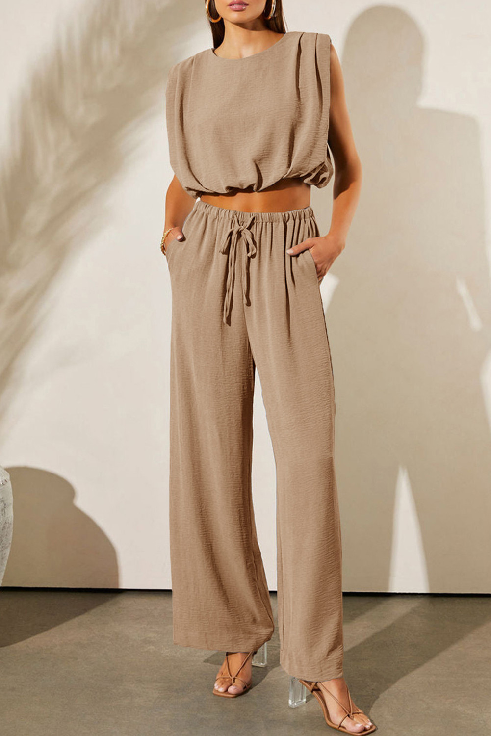 Pale Khaki Solid Color Keyhole Puffy Tank Drawstring Loose Pants 2pcs Outfit