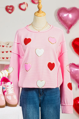 Pink Ribbed Texture Chenille Heart Glitter Trim Patched Long Sleeve Top