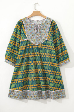 Green Plus Size Mixed Floral Print Striped Trim Loose Mini Dress