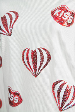 White Corded Ribbed Sequin Patched Valentines Day Graphic Sweatshirt