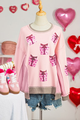 Light Pink Sequin Valentines Heart Gift Box Waffle Color Block Patchwork Sweatshirt
