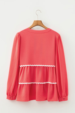 Coral Contrast Ricrac Trim V Neck Button Down Long Sleeve Shirt