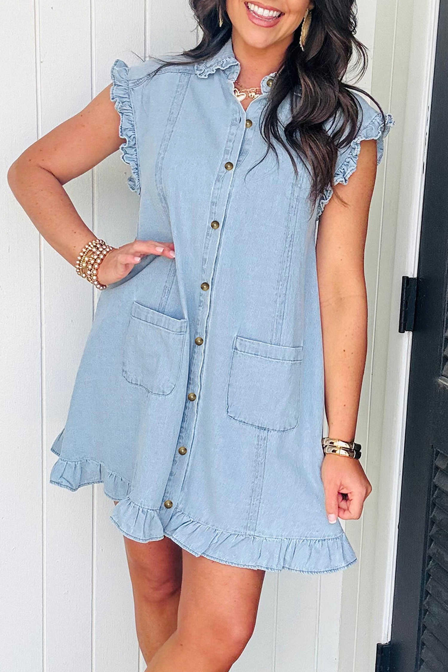 Beau Blue Ruffled Edge Collared Shift Denim Dress with Pockets