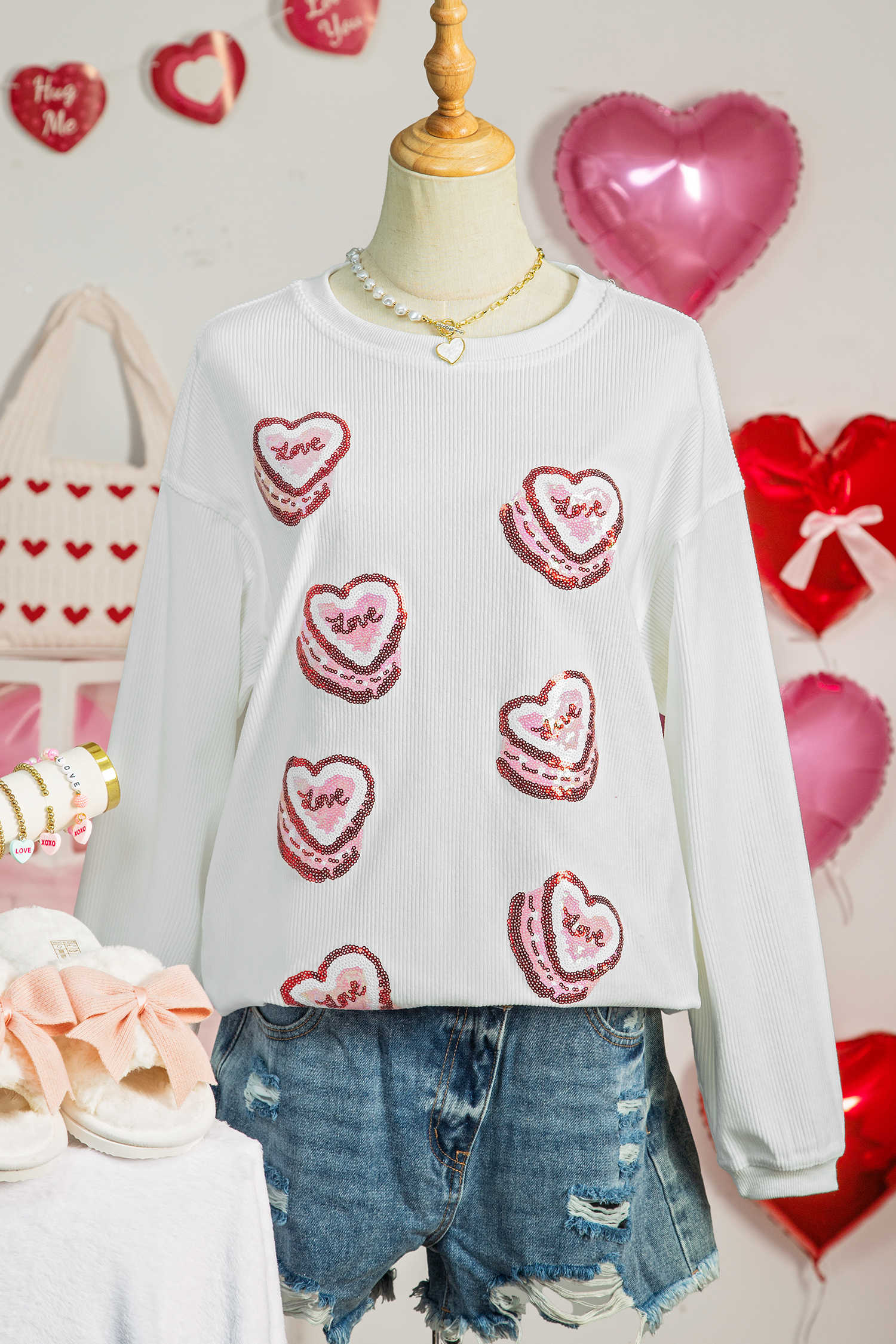 Dessuadora de Sant Valentí amb cordó i patró de cors d'amor de lluentons blancs