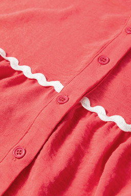 Coral Contrast Ricrac Trim V Neck Button Down Long Sleeve Shirt