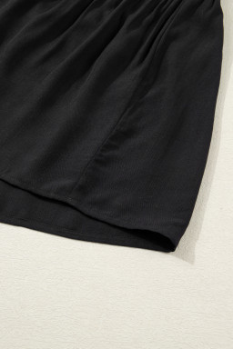 Black Contrast Leopard Trim Split Neck Long Sleeve Casual Midi Dress