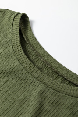 Jungle Green Solid Color Ribbed Ruffled Short Sleeve T Shirt