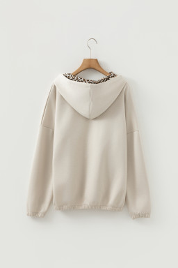 Jet Stream Leopard Contrast Drawstring Hood Drop Shoulder Loose Top