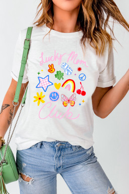 White Lucky Mom Club Vibrant Printed Casual T Shirt