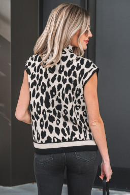 Black Leopard Print High Neck Short Sleeve Sweater
