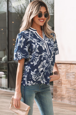 Blue Floral Print Short Puff Sleeve Striped Trim V Neck Blouse