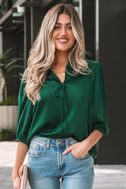 Blackish Green Solid Color Frilled V Neck Bow Detail 3/4 Sleeve Blouse
