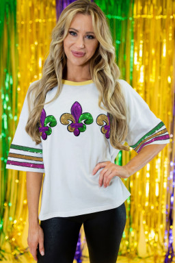 White Sequin Fleur de Lis Mardi Gras Varsity T Shirt