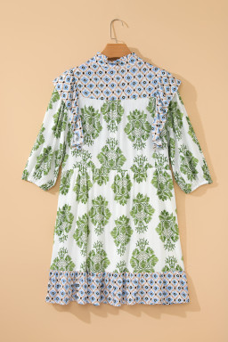 Green Floral Print Contrast Patchwork Ruffle Detail Mini Dress