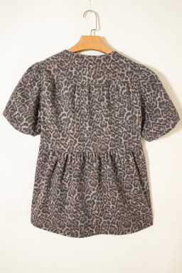 Brown Leopard Tie Neck Short Puff Sleeve Denim Babydoll Top