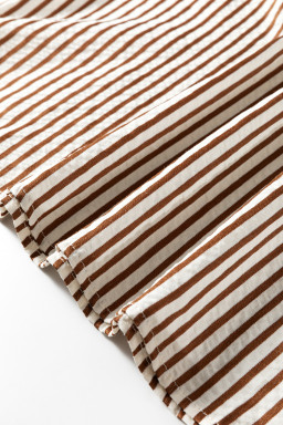 Khaki Stripe Double Ruffled Short Sleeve V Neck Blouse