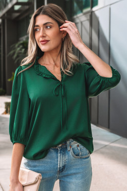 Blackish Green Solid Color Frilled V Neck Bow Detail 3/4 Sleeve Blouse