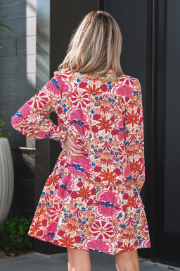 Red Fall Flower Print Long Sleeve Mini Dress