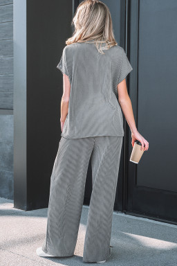 Dark Grey Twisted Ribbed High Neck Loose Tee Elastic High Waist Loose Pant Set