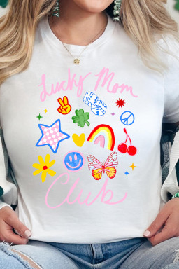 White Lucky Mom Club Vibrant Printed Casual T Shirt