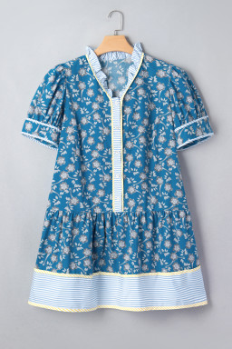 Blue Plus Size Floral Print Striped Patchwork Detail Button Front Ruffle Hem Dress