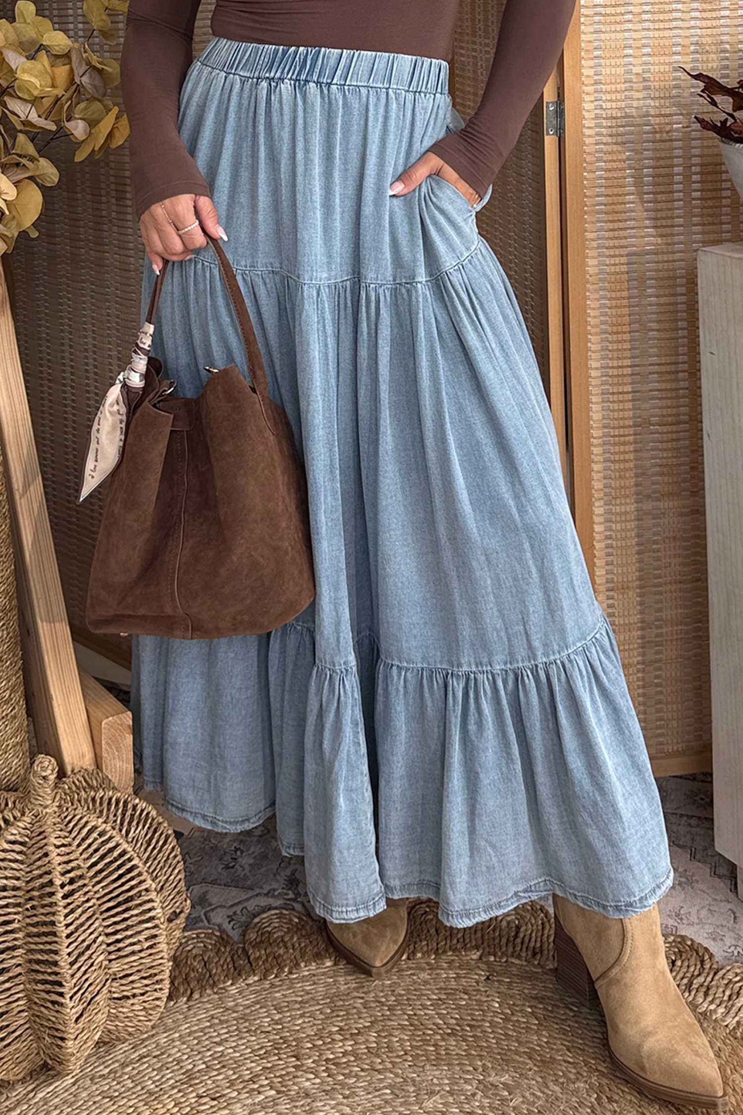 Beau Blue Elastic Waist Ruffled Tiered Flared Denim Maxi Skirt