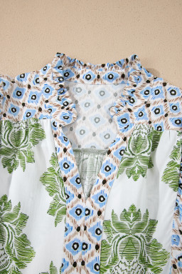 Green Floral Print Contrast Patchwork Ruffle Detail Mini Dress