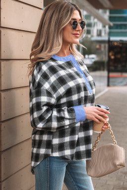 Black Contrast Striped Edge Half Placket Plaid Blouse