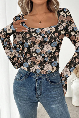 Black Floral Print Slim Long Sleeve T Shirt