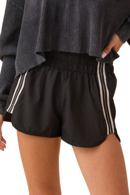 Black Elastic Waist Varsity Striped Detail Athleisure Shorts