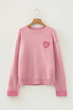 Light Pink Plaid Heart Embroidered Cuffed Drop Shoulder Crew Neck Sweater