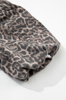 Brown Leopard Tie Neck Short Puff Sleeve Denim Babydoll Top