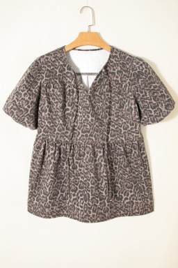 Brown Leopard Tie Neck Short Puff Sleeve Denim Babydoll Top