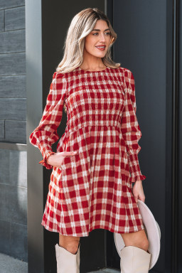 Red Plaid Print Smocked Puff Sleeve Mini Dress