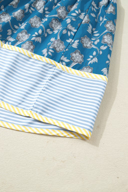 Blue Plus Size Floral Print Striped Patchwork Detail Button Front Ruffle Hem Dress