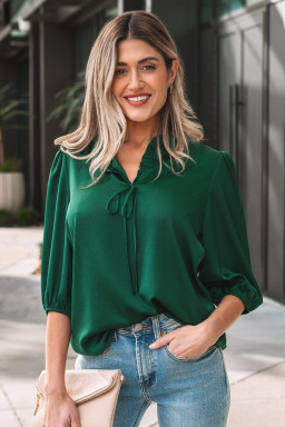 Blackish Green Solid Color Frilled V Neck Bow Detail 3/4 Sleeve Blouse