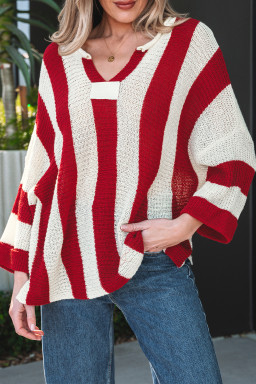 Red Stripe Colorblock V Neck Bracelet Sleeve Sweater